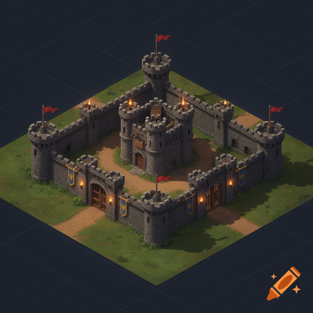 An isometric view of a medieval castle with stone walls, towers, and wooden gates, set on a grass and dirt path map boundary, in a game art style.