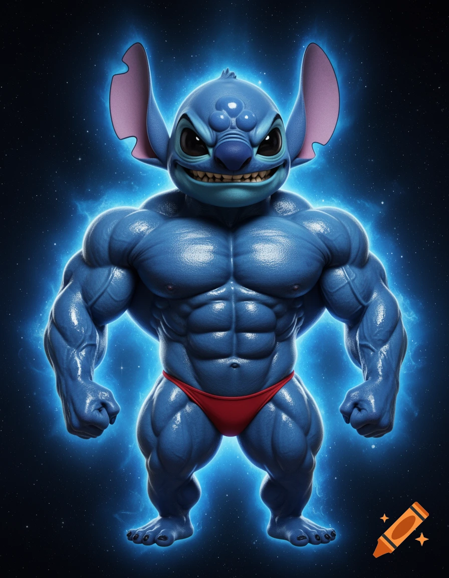 Muscular blue Stitch in a red thong with a glowing aura, floating in space with a starry background. Photorealistic style.