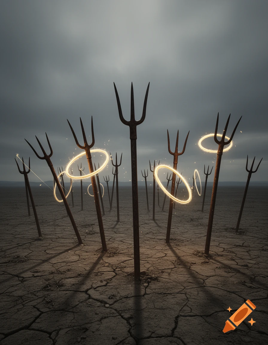 Rusty pitchforks with glowing golden halos stuck in cracked earth under a dark, cloudy sky, conceptual art.