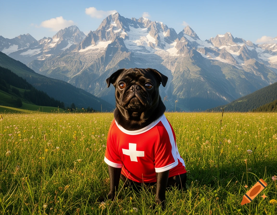 A black pug dog wears a red shirt with a white cross, sitting in a grassy field with wildflowers and majestic snow-capped mountains in the background.