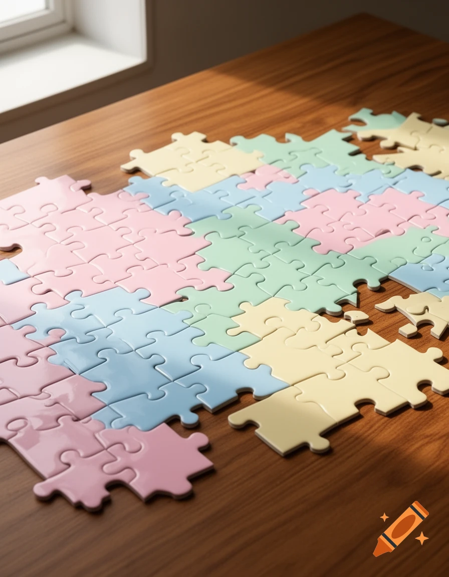 Pastel-colored puzzle pieces scattered on a wooden table next to a window, illuminated by sunlight.
