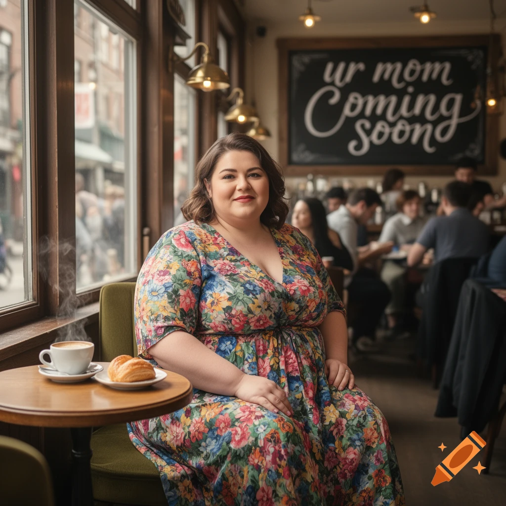 A woman in a floral dress smiles while sitting at a cafe table with coffee and a pastry. A sign in the background reads "ur mom Coming soon".