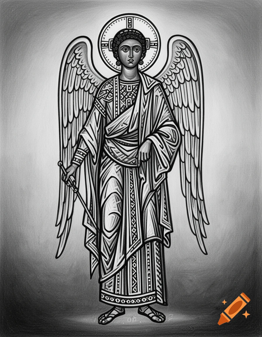 A black and white drawing of the archangel St. Michael in Ethiopian iconic style, standing with outstretched wings and holding a staff.