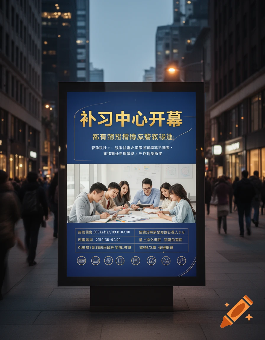 A brightly lit billboard for a Chinese tuition center stands on a bustling city street at night, with people walking by.