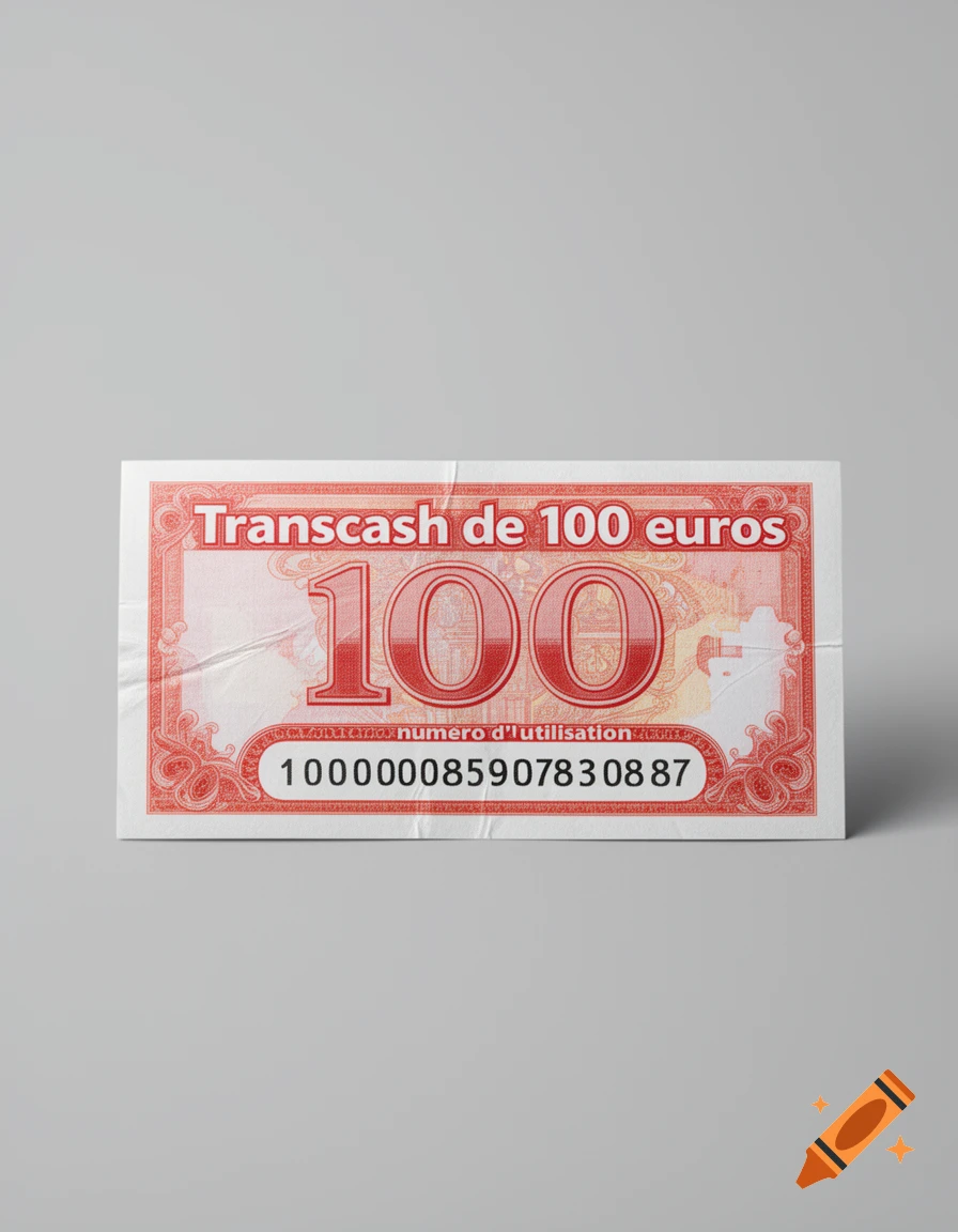 A 100 euro Transcash validation ticket with a usage number, against a gray background.