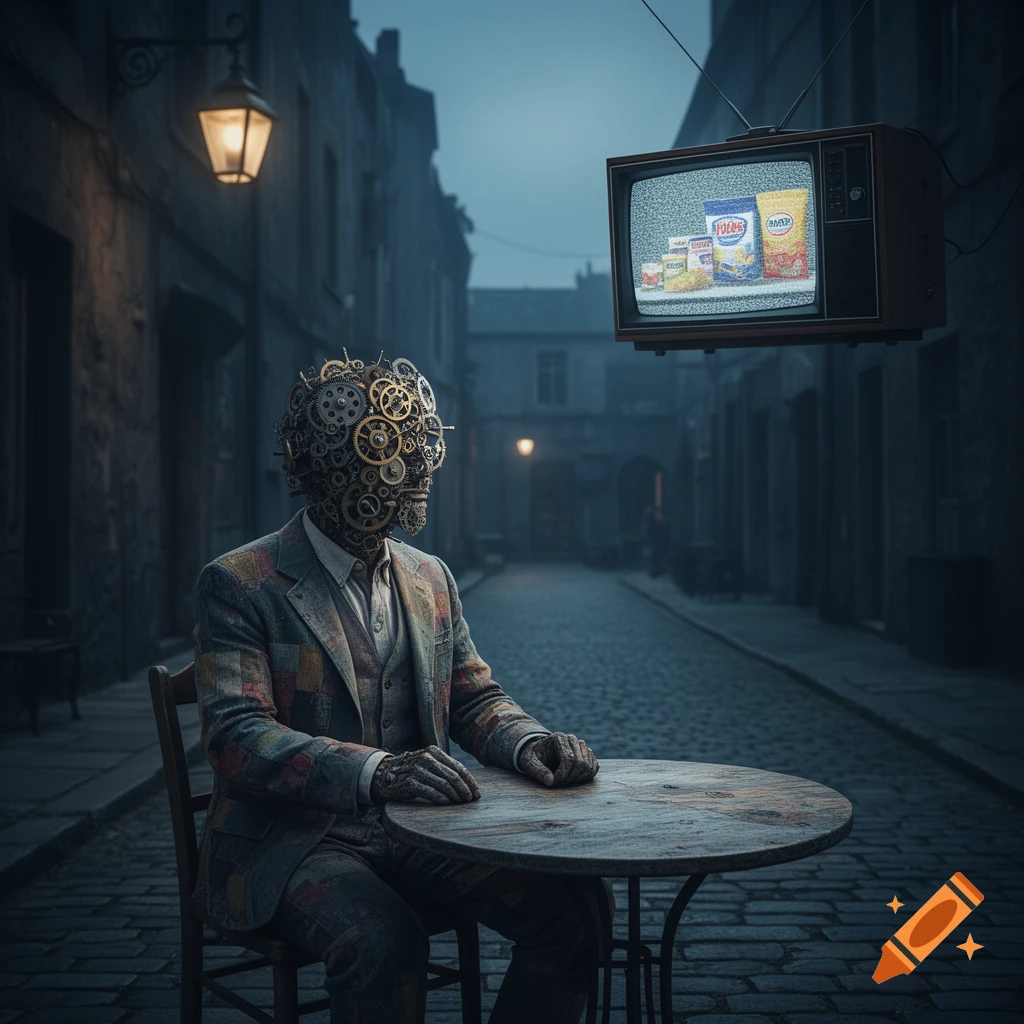 A man with a head made of gears sits at a table on a dark, cobbled street, looking at a floating, static-filled TV displaying product packages.