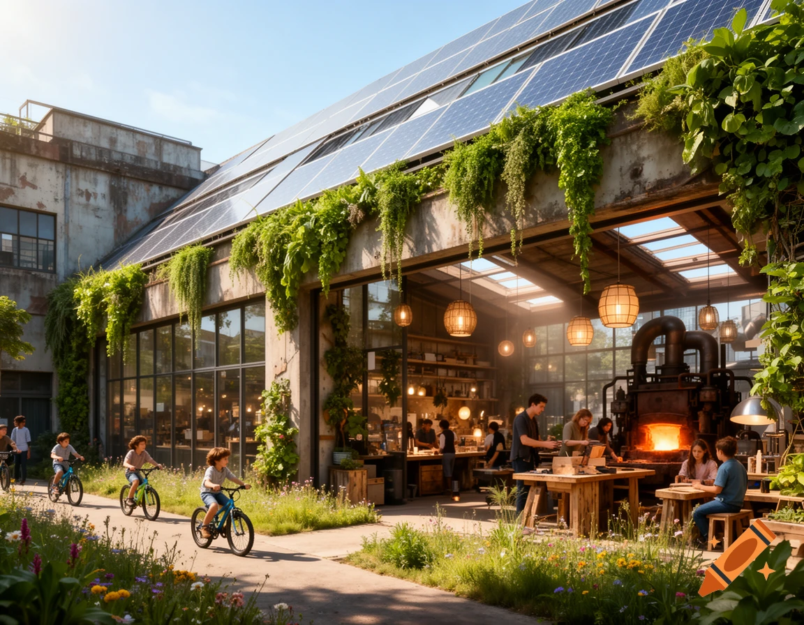 A large, green, industrial-style building with solar panels and hanging plants, featuring an indoor workshop and people cycling outside.
