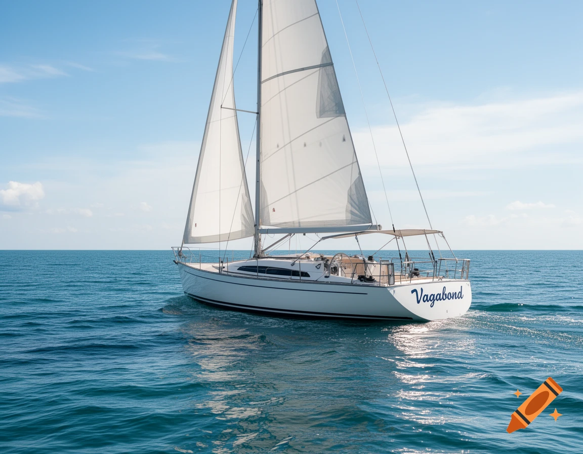 A white sailboat named "Vagabond" with its sails up, cruising on calm blue ocean waters under a clear sky.