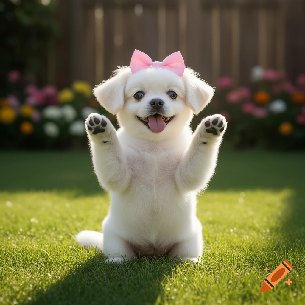 A fluffy white puppy wearing a pink bow sits on green grass with its paws raised, mouth open, looking happy.