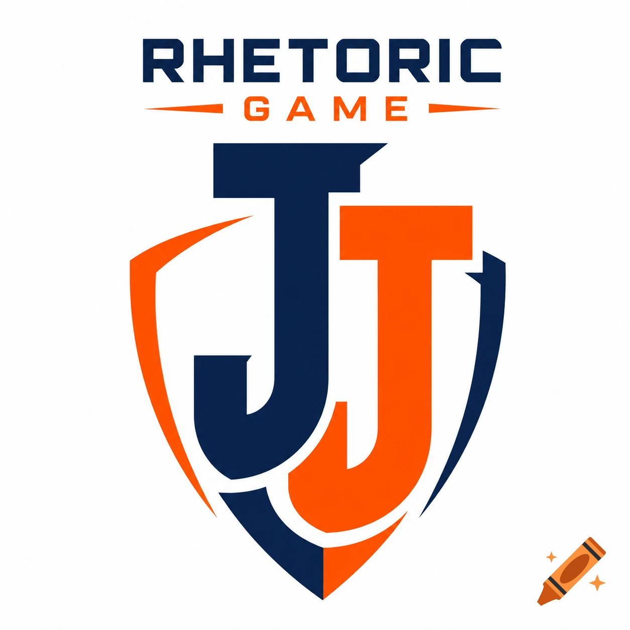 Logo featuring intertwined blue and orange 'JJ' letters within a shield, with 'RHETORIC GAME' text above.