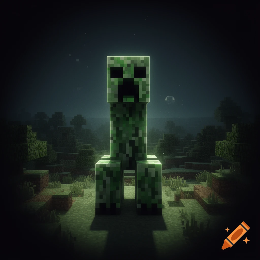 A pixelated green Creeper stands glowing in a dark, blocky Minecraft-style forest.