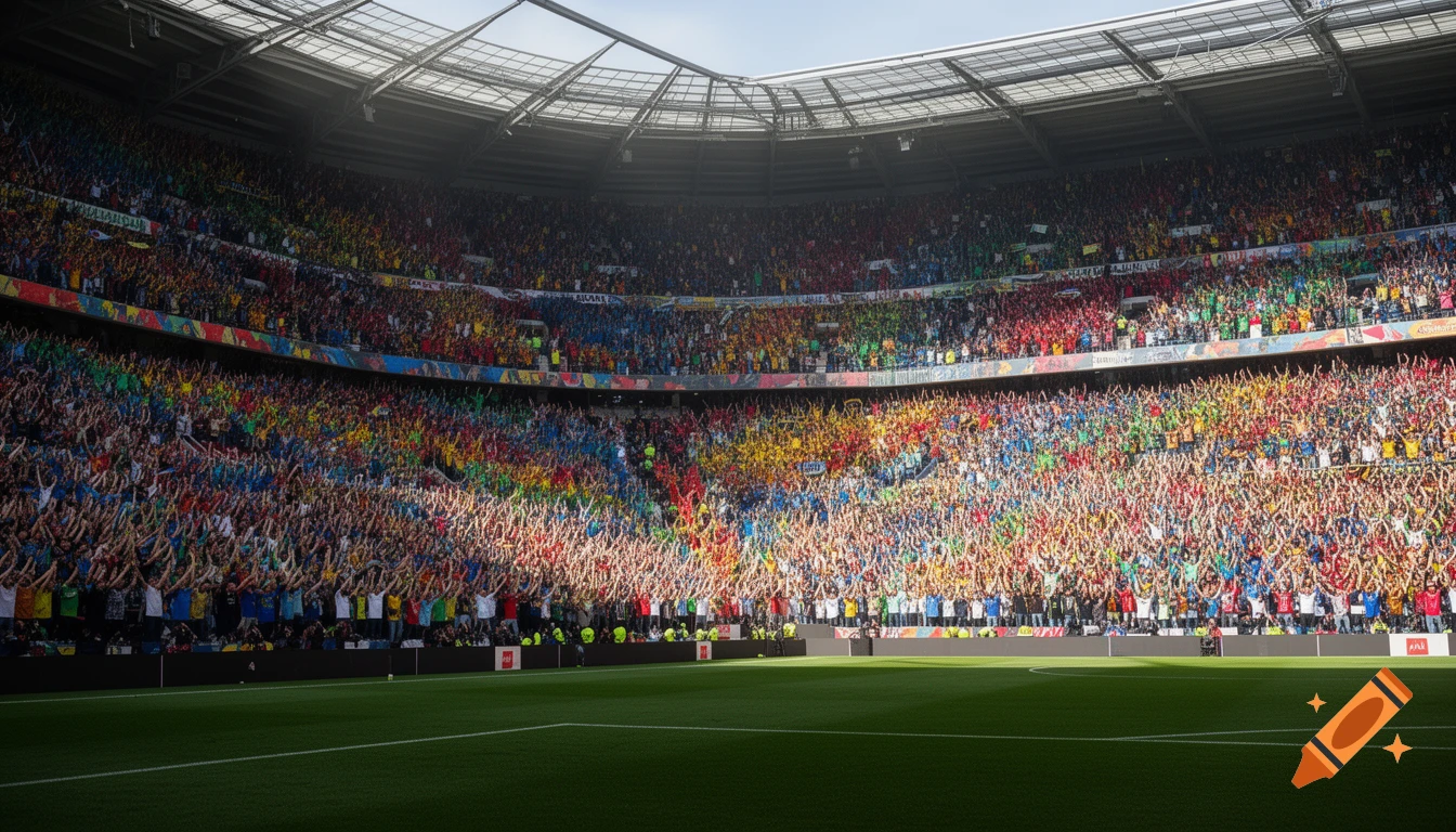 A large, packed soccer stadium with colorful fans doing a La Ola wave across the stands.