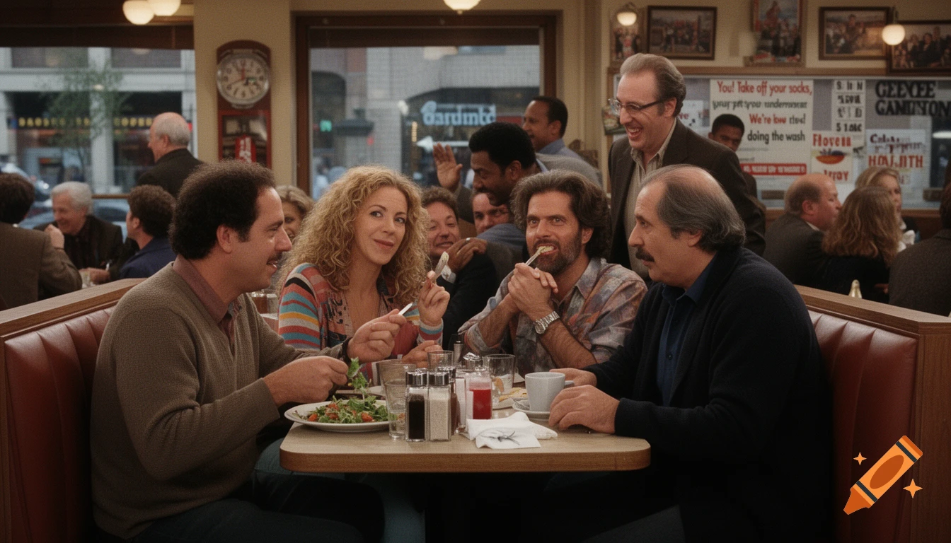 Four friends laugh and eat lunch in a booth at a busy diner, with other patrons in the background.