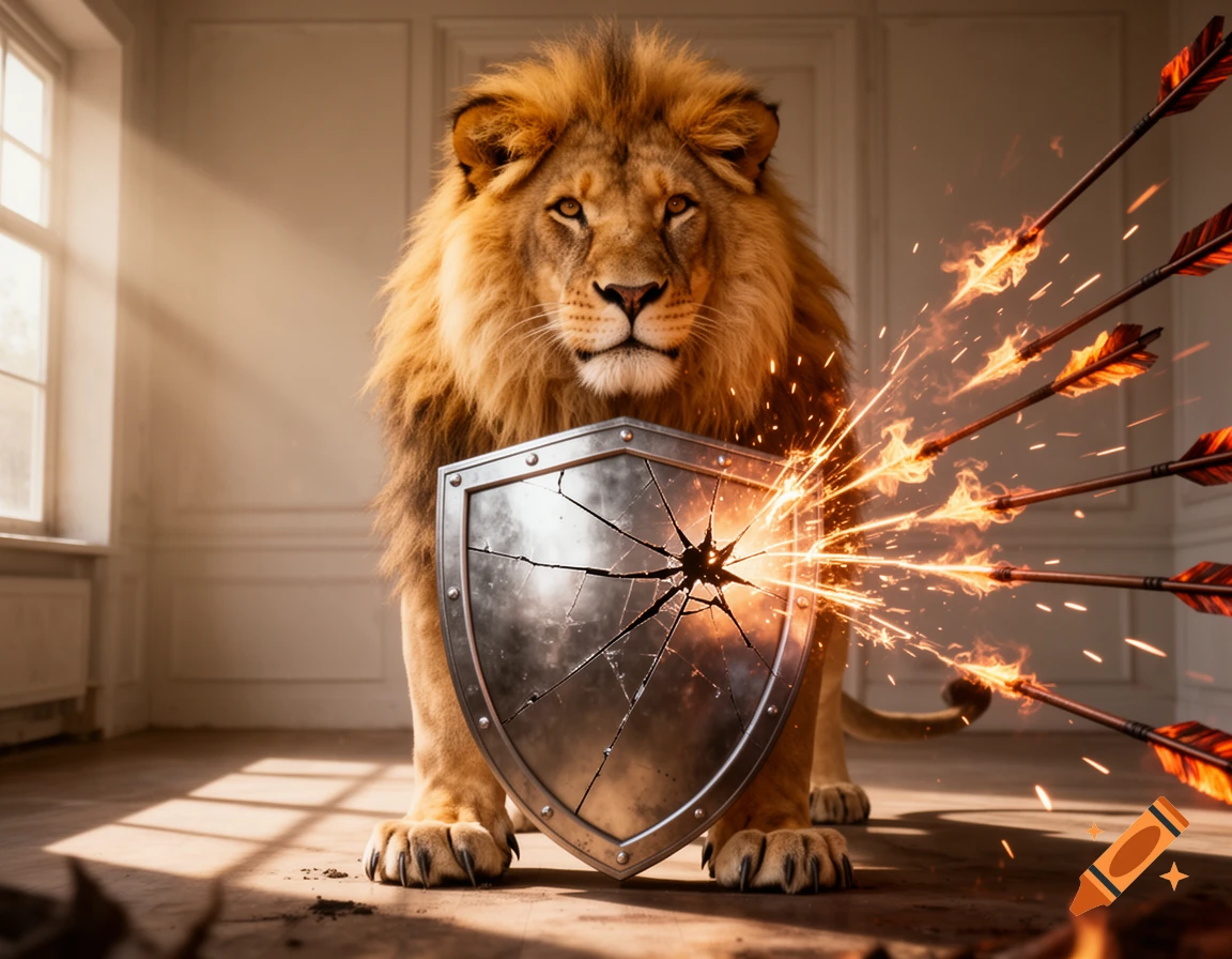 A majestic lion stands protectively behind a shield, deflecting flaming arrows with sparks in a sunlit room.