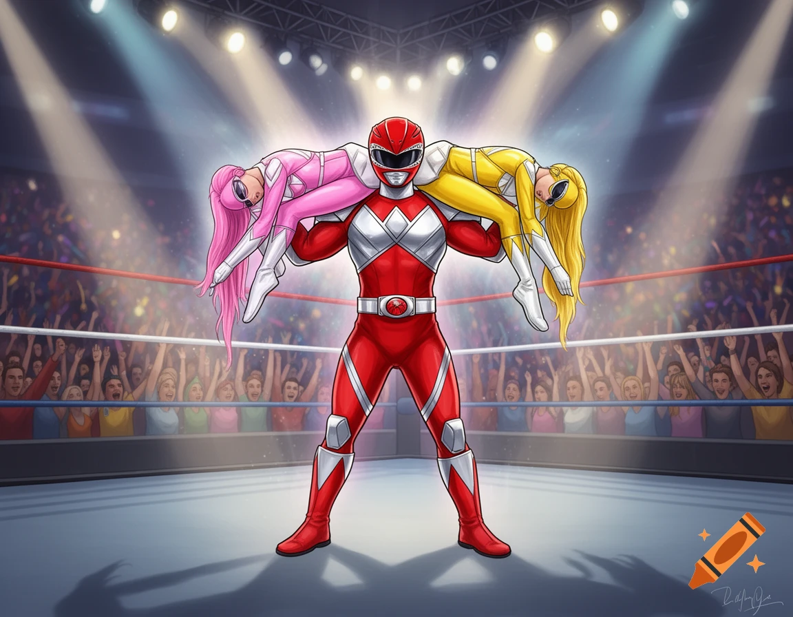 Red Power Ranger carries unconscious Pink and Yellow Power Rangers on shoulders in a wrestling arena, cartoon style.