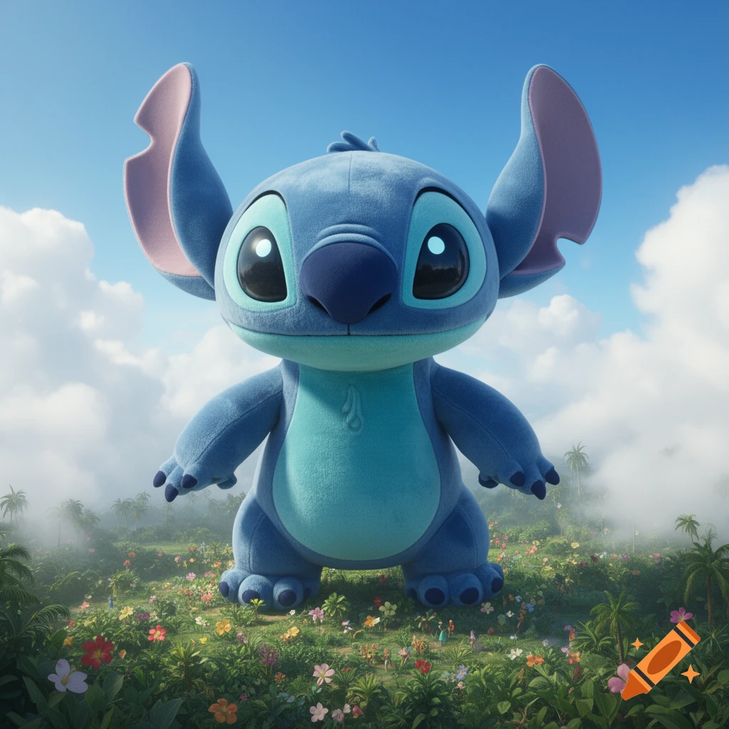 A giant plush toy Stitch stands in a vibrant field of colorful flowers under a bright blue sky with clouds.