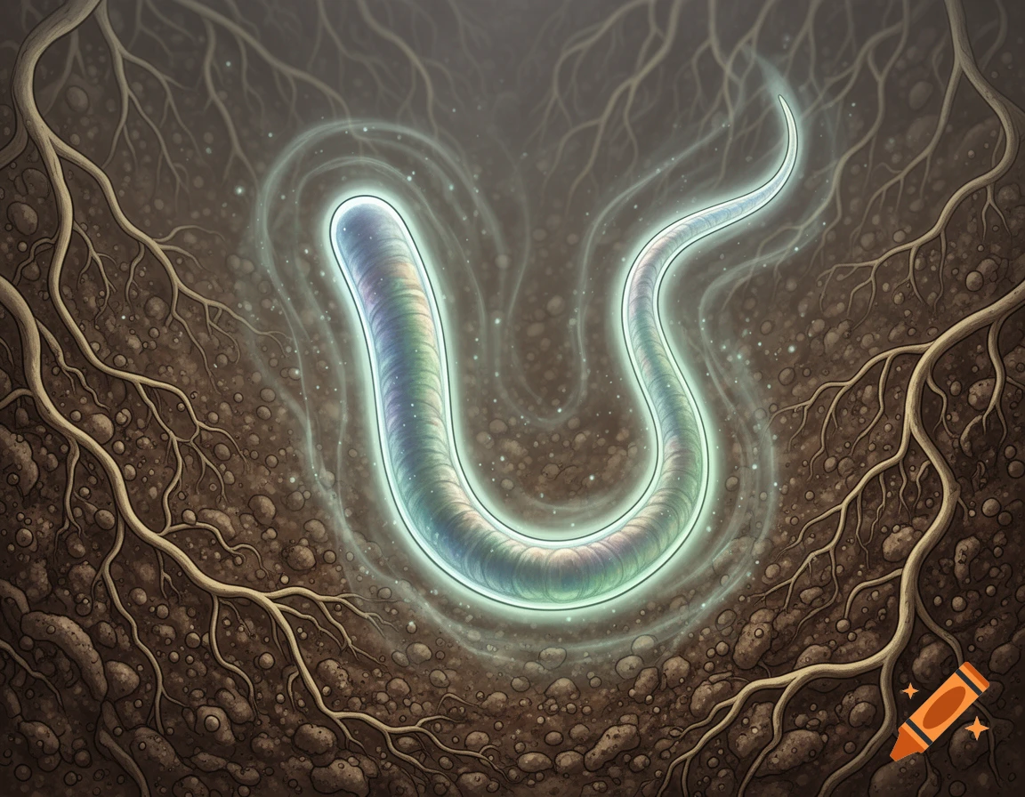 A glowing, iridescent nematode worm in dark soil with tangled roots, detailed illustration.