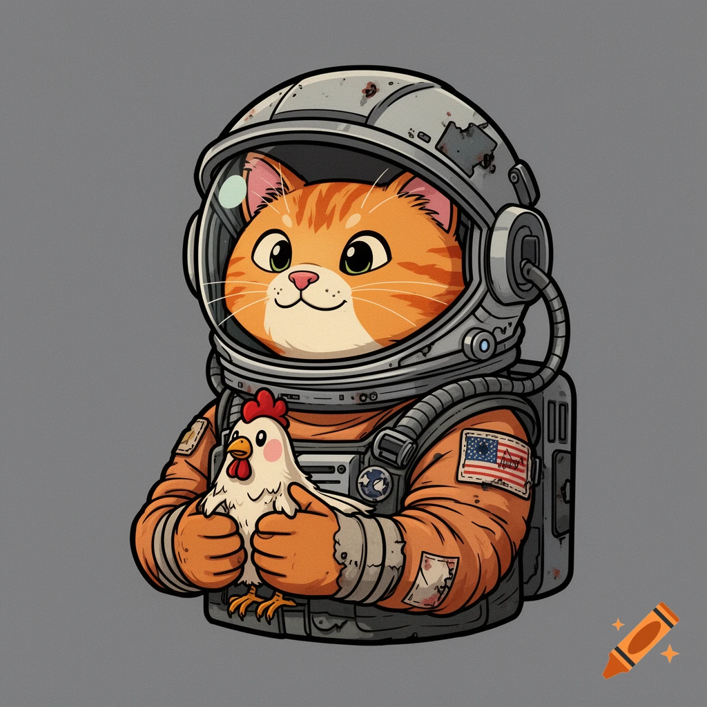 A gritty cartoon orange tabby cat in a bulky retro astronaut helmet and patched vest, holding a chicken.