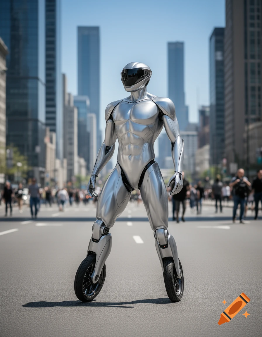 A sleek, silver humanoid robot with wheels instead of feet stands in a bustling city street with tall buildings under a clear sky.