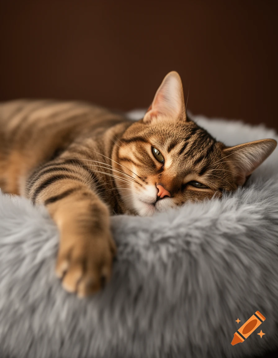 A relaxed brown tabby cat with green eyes rests on a fluffy grey faux fur bed, extending a paw, against a blurred brown background.