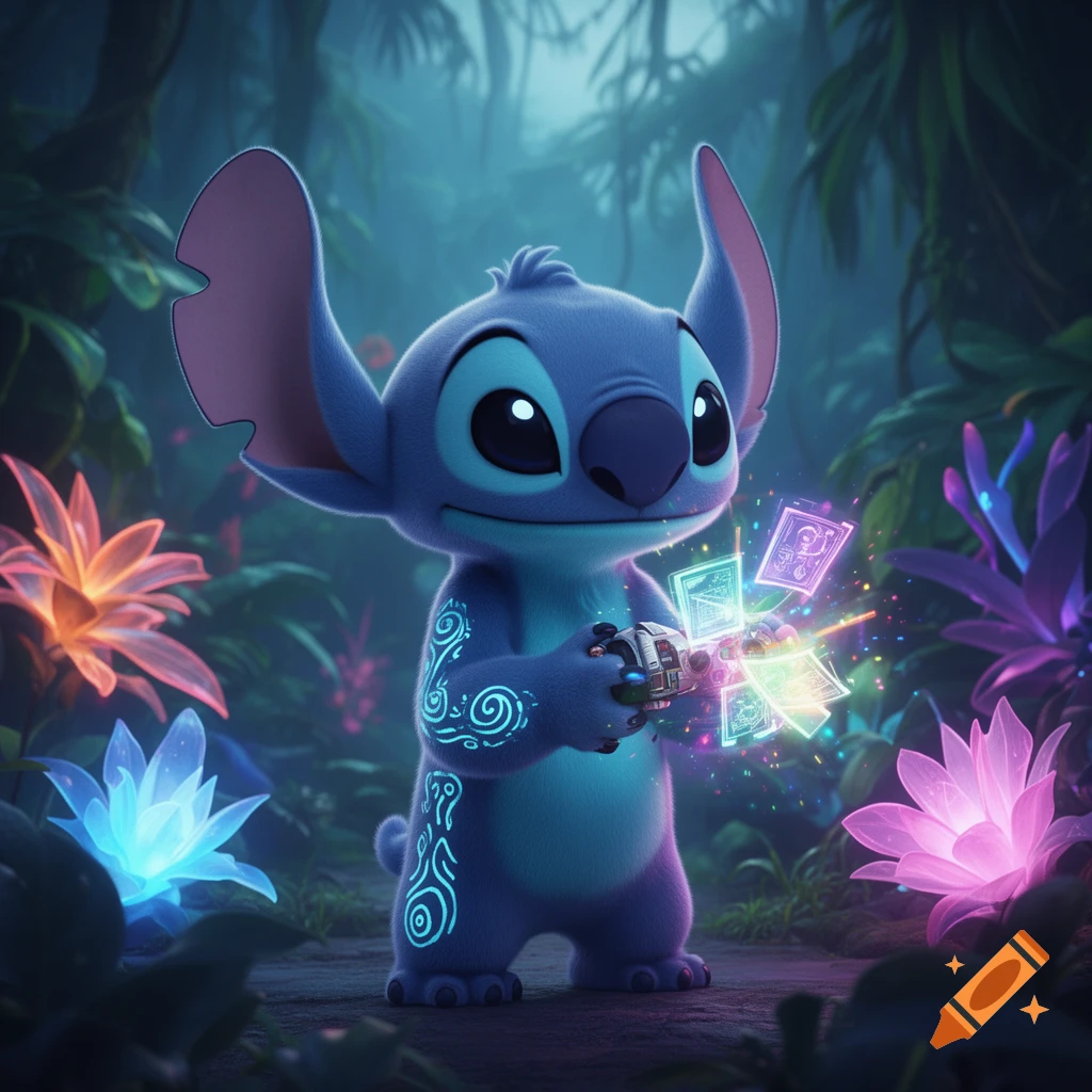 Stitch, a blue alien with glowing arm tattoos, holds a device emitting colorful magic cards in an enchanted jungle with luminous plants.