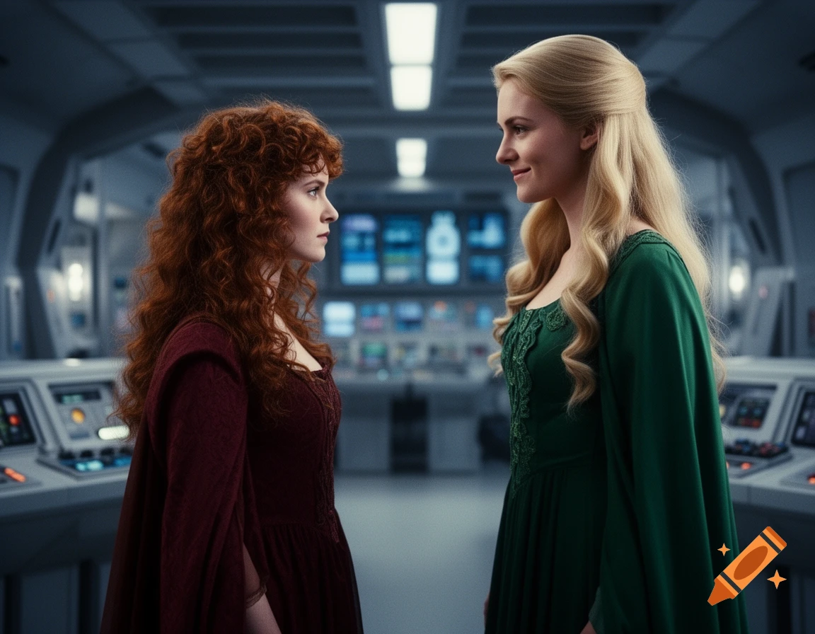 Two women, one with red curly hair in a burgundy gown, one with blonde hair in a green gown, face each other in a futuristic control room.