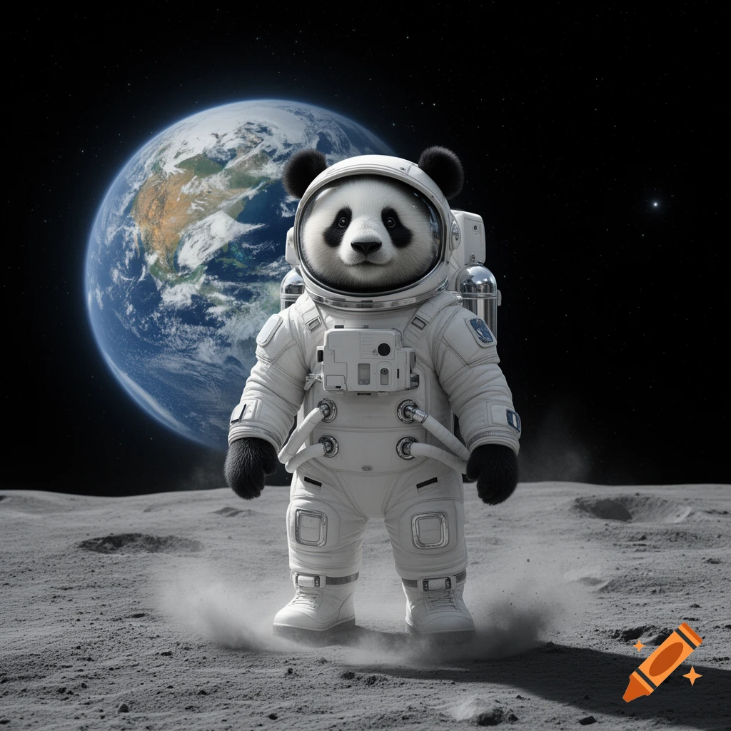 A photorealistic panda astronaut stands on the moon, with Earth visible in the background.
