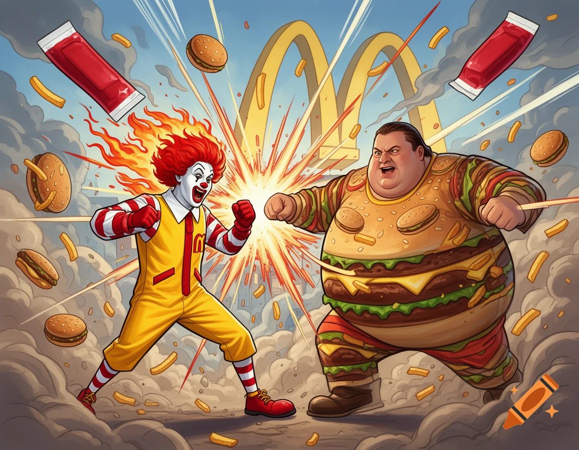 Cartoon Ronald McDonald with fiery hair fighting a man in a burger suit, surrounded by flying fast food, against a McDonald's arch.