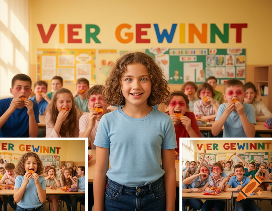A smiling girl with curly brown hair in a classroom, with other students in the background reacting to eating hot chips with red faces and eyes. Text "VIER GEWINNT" is on the wall.