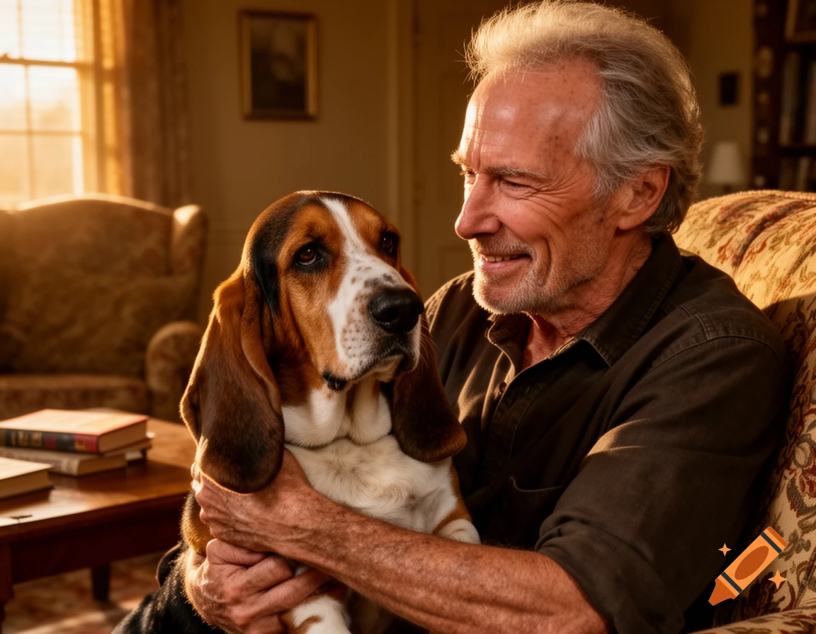 Photorealistic image of an older man resembling Clint Eastwood smiling while holding a basset hound in a sunlit room.