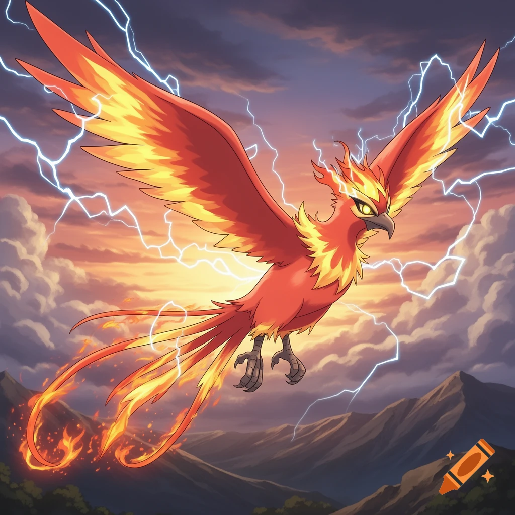 A vibrant red and yellow fiery bird, resembling a Phoenix or Pok rises above mountains against a stormy, lightning-filled sunset sky.