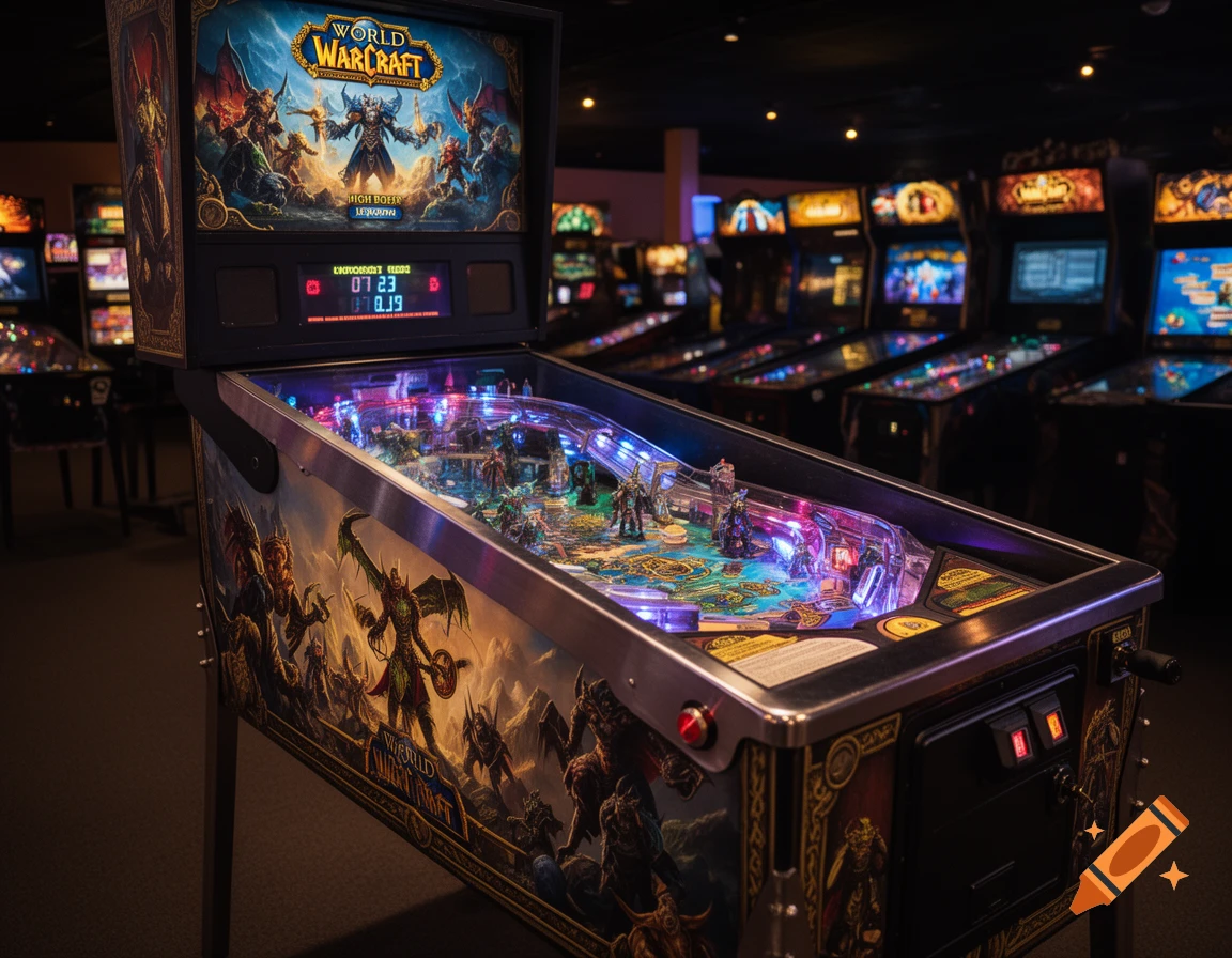 A photorealistic World of Warcraft themed pinball machine glowing with purple and blue lights in a dark arcade, surrounded by other pinball machines.