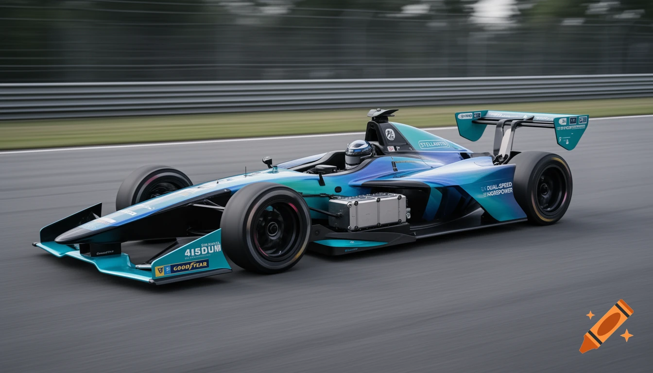 A sleek, futuristic electric race car in blue and teal colors drives on a race track, showing off its aerodynamic design.