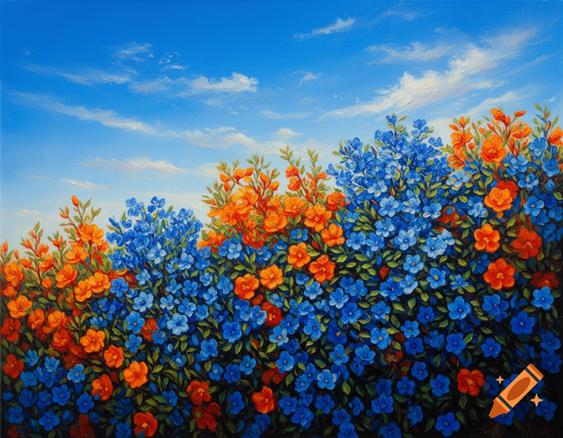 Vibrant oil painting of blue and orange flowers under a bright blue sky.