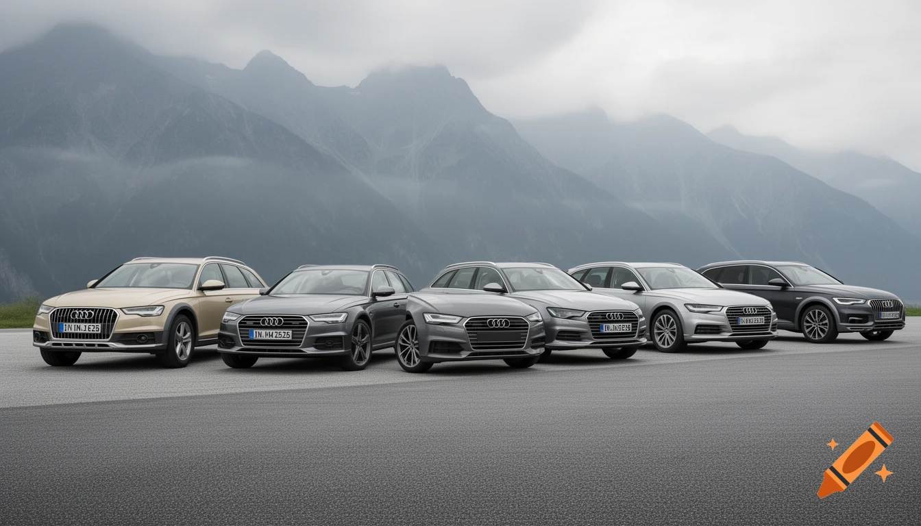 Five Audi A6 Avant and Allroad cars, beige to dark gray, lined up on an asphalt road with hazy mountains and a cloudy sky. Photorealistic.