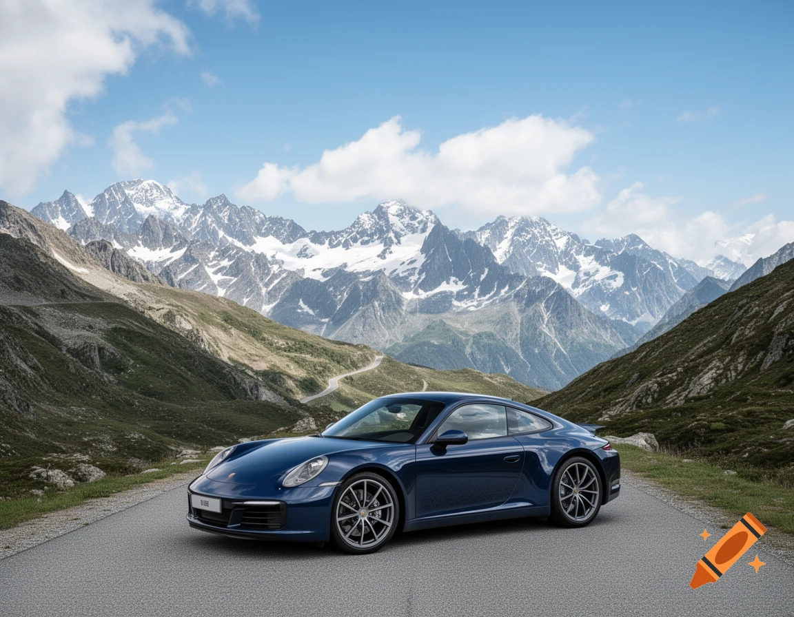 A dark blue Porsche 911 sports car is parked on a winding mountain road with snow-capped peaks under a blue sky.