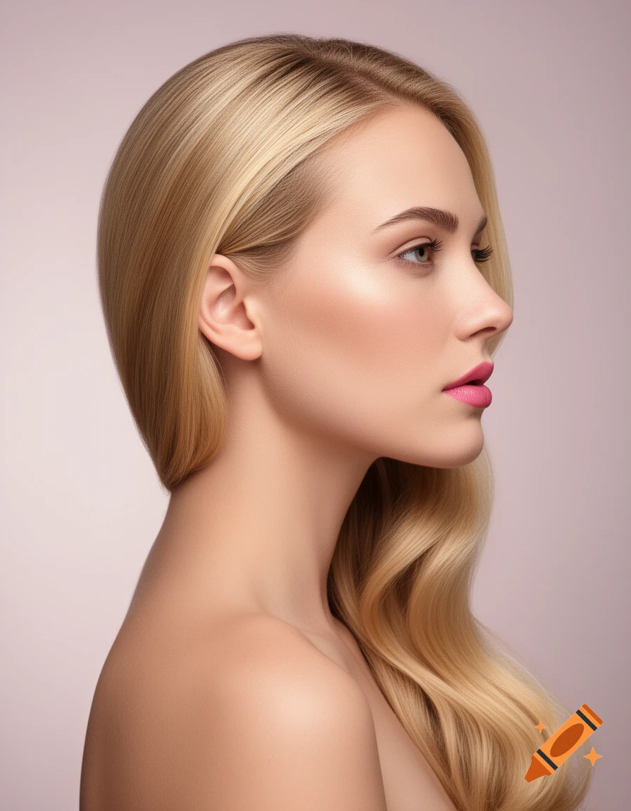 Realistic profile portrait of a blonde woman with long wavy hair, pink lips, and glowing skin, against a soft background.