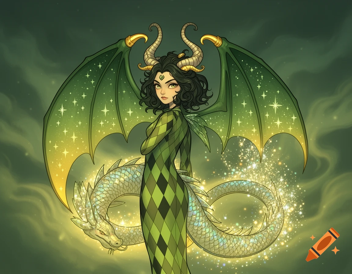 An illustration of a woman with green dragon wings, horns with gold caps, and a sparkling dragon tail. She wears a green harlequin-patterned dress.