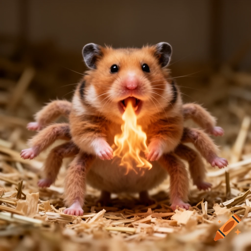 Photorealistic image of a fluffy, brown and white hamster with multiple spider-like legs, breathing fire from its open mouth, standing on straw.