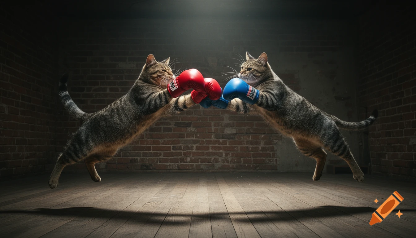 Two photorealistic tabby cats wearing red and blue boxing gloves leap, about to punch, in a dark room.