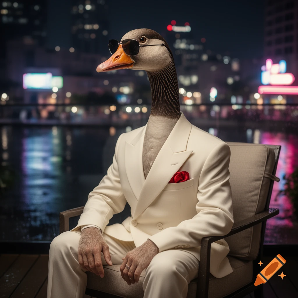A goose wearing sunglasses and a white suit sits in a chair outdoors at night, with a blurred cityscape and water in the background.