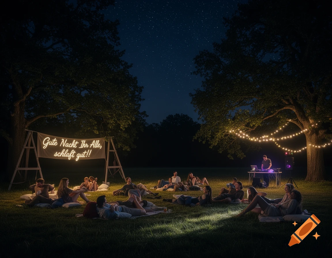 A group of people lounge on a grassy field at night, illuminated by string lights and a starry sky, watching a screen with German text while a DJ plays music, photorealistic.