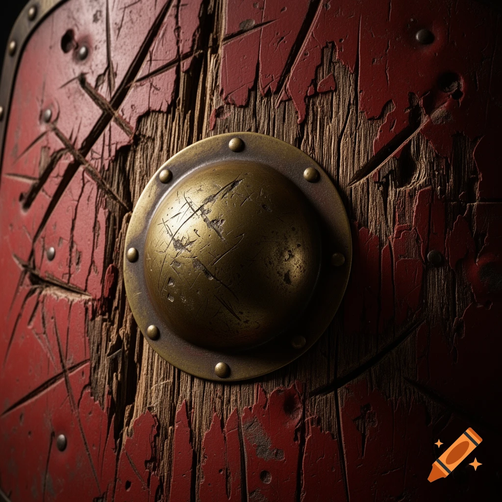Extreme close-up of a weathered, battle-scarred red Roman scutum shield with a scratched brass boss, photorealistic.