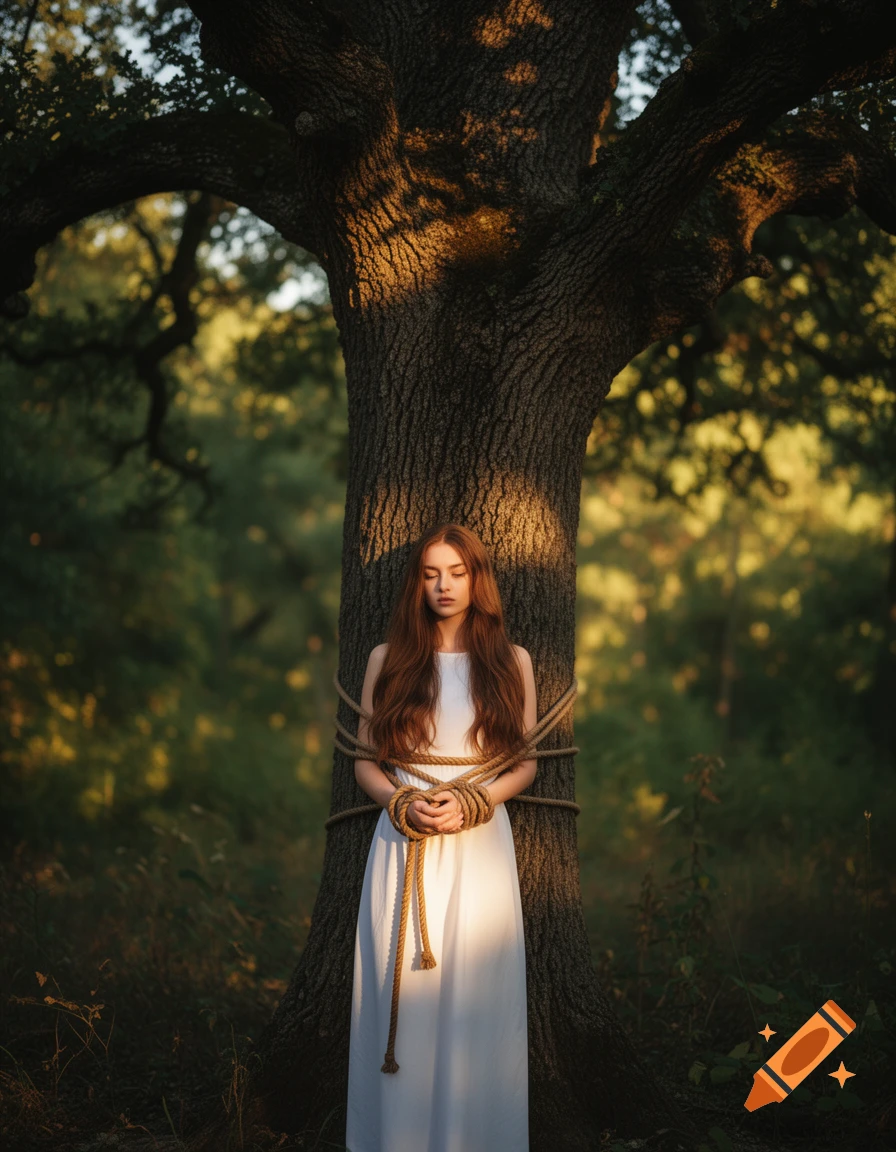A red-haired woman in a white dress is tied with ropes to a large tree in a sun-dappled forest.