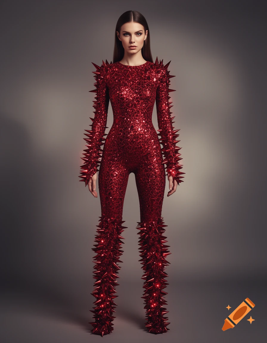 A female model stands against a grey background, wearing a dazzling red, full-body suit covered in glitter and sharp spikes.