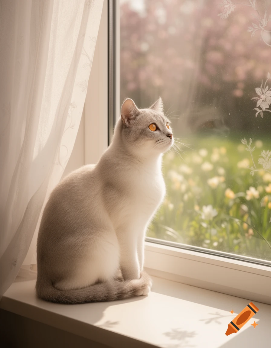 A photorealistic light-colored cat with amber eyes sits on a windowsill, looking out at a sunny garden with flowers.