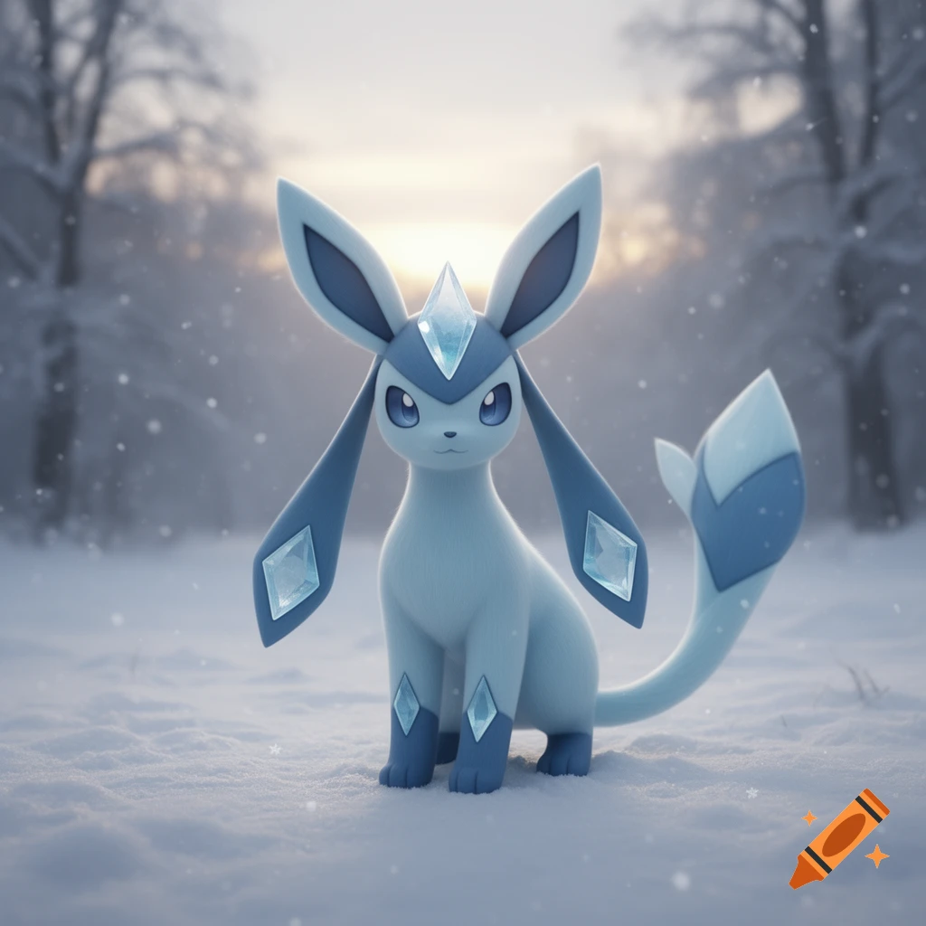 A pale blue Glaceon with long ears and icy features sits in a snowy forest during a winter sunset.