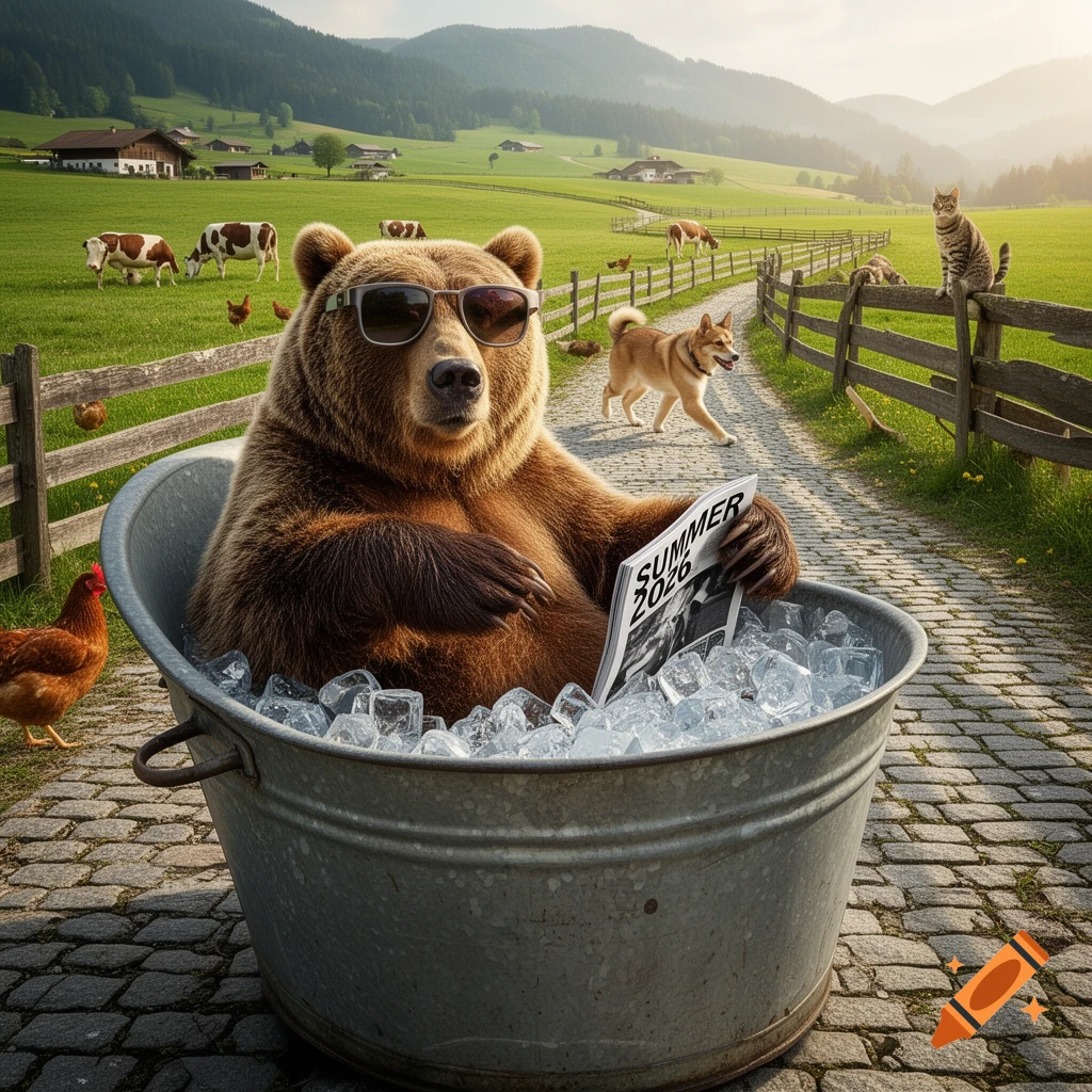 Photorealistic bear in sunglasses relaxes in an ice tub, reading a magazine on a Bavarian farm with various animals.