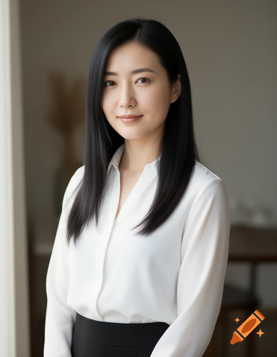 Photorealistic portrait of a young Japanese woman with straight black hair, wearing a white shirt and black skirt, smiling slightly.