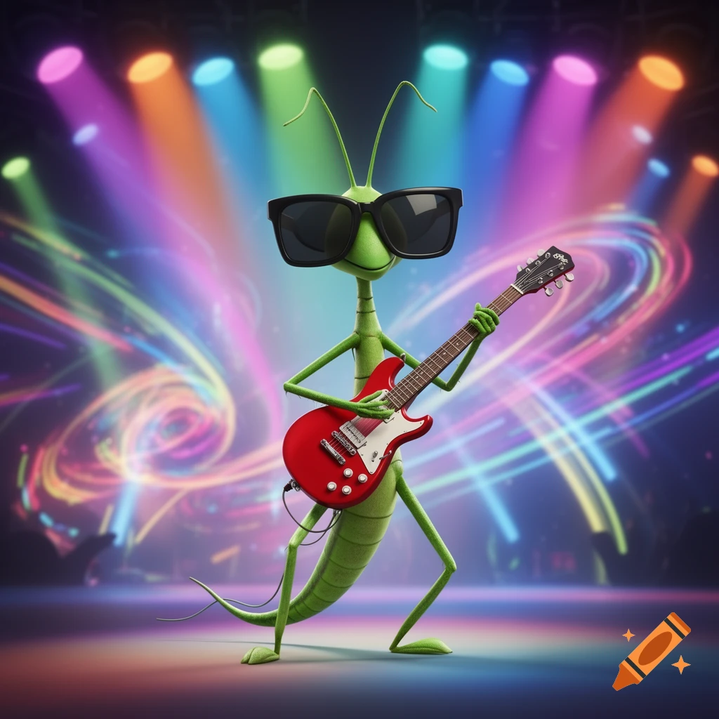 A humorous 3D cartoon green praying mantis wearing oversized sunglasses, passionately playing a red electric guitar on a vibrant stage with colorful spotlights.